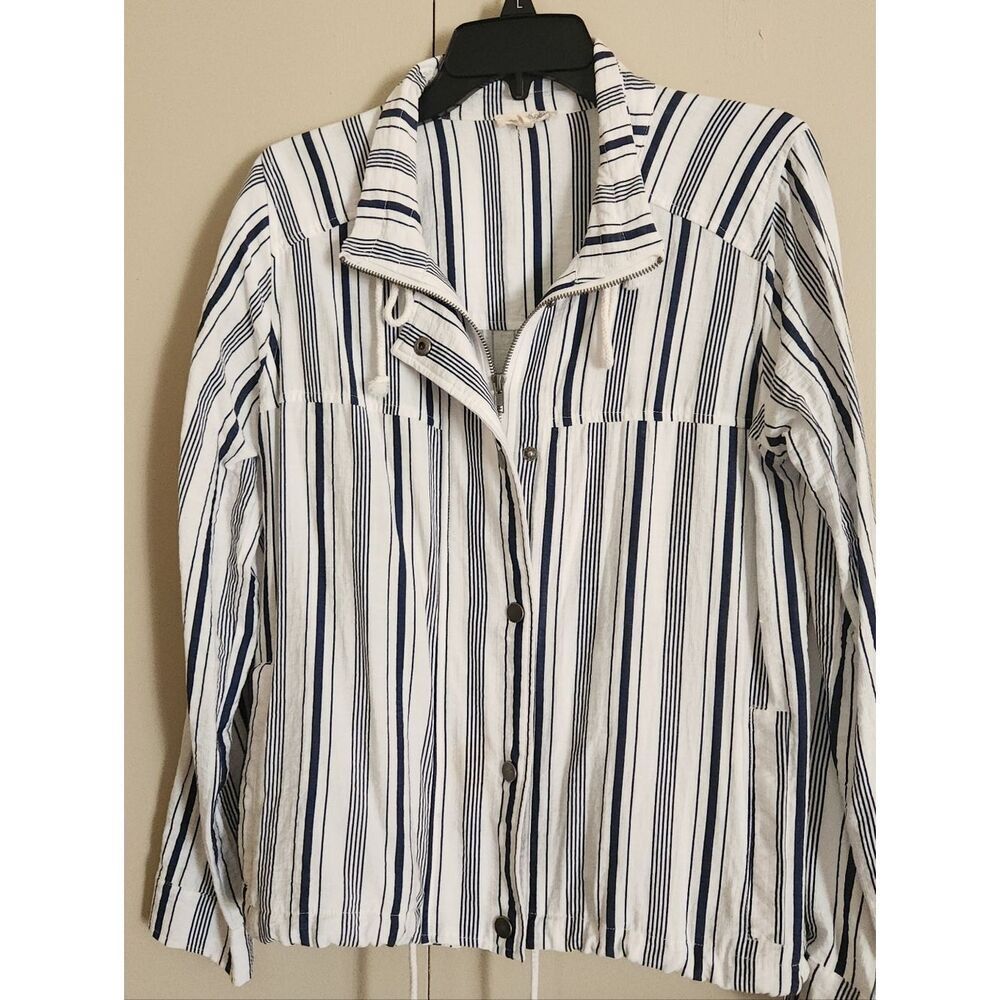 015 Mystree Women's Navy & White Striped Zip snd Snap Front Lightweight Jacket